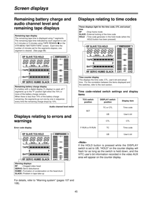 Page 4545
CH1CH2
20
0
EMPHASIS
40
-dB
10
30E
BATTF
TAPE
RFSERVOHUMID SLACK DF
SLAVE TCG HOLD
h min s frm
Screen displays
Displays relating to errors and
warnings
For details, refer to “Warning system” (pages 107 and
108).
Remaining tape display
The remaining tape time is displayed using 7 segments.
The remaining tape time indicated by each segment is set
to 3 minutes or 5 minutes using TAPE REMAIN/ $on the
VTR MENU “BATTERY/TAPE” screen.  Each time the
number of minutes set for the segments elapses, one
segment...