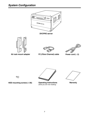 Page 77
System Configuration
FC (Fibre Channel) cable
Operating Instructions
(what you are now reading)
Power cord (a
2)
HDD mounting screws (a a
36)
6U rack mount adapter
DVCPRO server
Warranty 