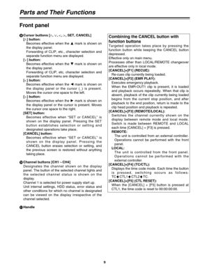 Page 99
Parts and Their Functions
9
Cursor buttons [
#, 
2, 
!, 
1, SET, CANCEL]
[
#] button:
Becomes effective when the 3
mark is shown on
the display panel. 
Forwarding of CLIP, etc., character selection and
separate function menu are displayed. 
[
2] button:
Becomes effective when the 4
mark is shown on
the display panel. 
Forwarding of CLIP, etc, character selection and
separate function menu are displayed. 
[
!] button:
Becomes effective when the 2
mark is shown on
the display panel or the cursor (_) is...