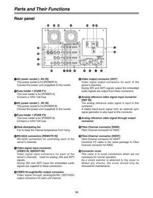 Page 1010
9
Video output connector [OUT]
Video signal output connectors for each of the
server’s channels.
During SDI and SDTI signals output the embedded
audio signals are output from these connectors.
:
Analog reference video signal input connector
[REF IN]
The analog reference video signal is input to this
connector.
A stable black-burst signal from an external sync
signal generator is also input to this connector.
;
Analog reference video signal through output
connector
<
Fibre Channel connector [RAID]...