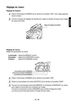 Page 23K– 10
FRANÇAIS
Réglage du viseur
Réglage de dioptrie
Réglage de l’écran 
Régler les paramètres du viseur.
Luminosité :Adjust the BRIGHT control.
Contraste :Adjust the CONTRAST control.
Contour :Adjust the PEAKING control.
Bague de réglage de dioptrie
Commande contour (PEAKING)
Commande contraste (CONTRAST)
Commande luminosité (BRIGHT)
PEAKINGCONTRASTBRIGHT
1.Placer l’interrupteur (POWER) de la caméra à la position “ON”. Une image apparaît
dans le viseur.
1.Placer l’interrupteur (POWER) de la caméra à la...
