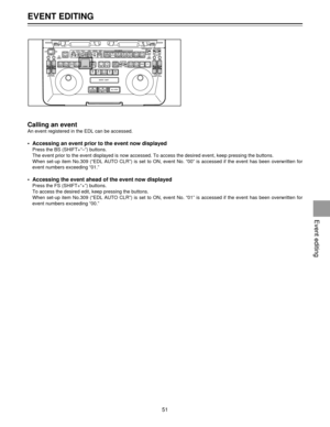 Page 51EVENT EDITING
51
Calling an event
An event registered in the EDL can be accessed.
¥ Accessing an event prior to the event now displayed
Press the BS (SHIFT+ÒÐÓ) buttons.
The event prior to the event displayed is now accessed. To access the desired event, keep pressing the buttons.
When set-up item No.309 (ÒEDL AUTO CLRÓ) is set to ON, event No. Ò00Ó is accessed if the event has been overwritten for
event numbers exceeding Ò01.Ó
¥ Accessing the event ahead of the event now displayed
Press the FS...