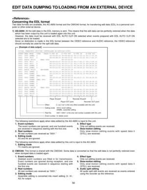 Page 56EDIT DATA DUMPING TO/LOADING FROM AN EXTERNAL DEVICE
56
  
Concerning the EDL format
Two data formats are available, the AG-A850 format and the CMX340 format, for transferring edit data (EDL) to a personal com-
puter or other external device.
1) AG-A850: All the edit data in the EDL memory is sent. This means that the edit data can be perfectly restored when the data
which has been output by this unit is loaded again into this unit.
However, the data must be received with EDL AUTO CLR ON selected when...