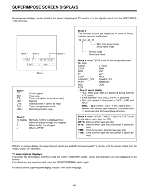 Page 66Block 3
The counter values are displayed in units of hours, 
minutes, seconds and frames.
Block 4 (when T&STA is set for the set-up menu item
No. 000)
EJECT E_PLAY
STOP SHTL
REW JOG
FF VAR
STOP PPLY
STANDBY_OFF POWER OFF
PLAY AUTO OFF
REC DEW
EDIT
¥ Search speed display
¥ REV, SHTL and FWD are displayed during external
VTR control.
¥ In the jog mode, REV, STILL or FWD is displayed.
¥ The tape speed is displayed in SHTL, VAR and
PPLY.
SHTL Ð 32.0(where Ò32.0Ó is the speed and ÒÐÓ
denotes the reverse tape...