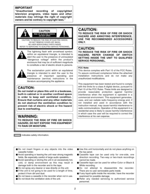 Page 22
indicates safety information.
IMPORTANT
“Unauthorized recording of copyrighted
television programs, video tapes and other
materials may infringe the right of copyright
owners and be contrary to copyright laws.”
$Do not insert fingers or any objects into the video
cassette holder.
$Avoid operating or leaving the unit near strong magnetic
fields. Be especially careful of large audio speakers.
$Avoid operating or storing the unit in an excessively hot,
cold, or damp environment as this may result in...
