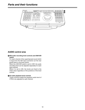 Page 1616
AUDIO control area
6
SDI audio recording level controls and UNI/VAR
switch
For each channel of the superimposed sound which
is input from the SDI input connector (on the rear
panel) there is one level control.
When the UNI/VAR switch is set to VAR, the audio
recording level can be adjusted separately for each
input channel.
When it is set to UNI, the levels are fixed to the
initial value regardless of the positions of the level
controls.
7
V2 audio playback level controls
These controls enable the...