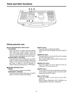 Page 2121
Editing operation area
D
AUTO EDIT/END (MULTI EDIT) button
AUTO EDIT/END:
Press this button to initiate automatic editing.
When editing was initiated without setting the
OUT point (open-ended editing), press this
button to end the editing and store the point at
which the button was pressed as the OUT point.
MULTI EDIT ([SHIFT] + [AUTO EDIT]):
Press this button while holding down the SHIFT
button to initiate multi-event editing.  Multi-event
editing is now executed automatically until the
last event is...