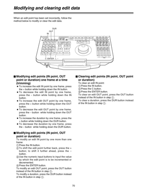 Page 7070
Modifying and clearing edit data
$Modifying edit points (IN point, OUT
point or duration) one frame at a time
(trimming)
OTo increase the edit IN point by one frame, press
the + button while holding down the IN button.
OTo decrease the edit IN point by one frame,
press the – button while holding down the IN
button.
OTo increase the edit OUT point by one frame,
press the + button while holding down the OUT
button.
OTo decrease the edit OUT point by one frame,
press the – button  while holding down the...