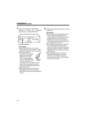 Page 24F-7
Installation (suite)
5(Pour le branchement via IEEE1394b)
Brancher le lecteur P2 à l’ordinateur
personnel avec un câble IEEE1394b.

zAucun IEEE1394b n’est fourni avec le 
lecteur P2 dans la boîte. Utilisez un câble 
IEEE1394b disponible dans le commerce.
zAvant de procéder au 
raccordement de l’appareil 
utilisant une Connecteur 
IEEE1394 à 6 broches, 
vérifier soigneusement la 
forme du câble IEEE1394b 
et de ses connecteurs. Le 
raccordement d’un connecteur en sens 
inverse peut endommager des...