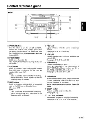 Page 11
E-10
ENGLISH

Control reference guide
Front
POWER button
Use this button to turn the unit ON and OFF.
When the unit is OFF, simply press the
[POWER] button to turn it ON. When ON, hold
the [POWER] button for at least two seconds
to turn it OFF.
POWER LED
Lights when the unit is ON. 
The POWER LED flashes during startup or
shutdown.
P2C button
Press to format P2 cards. After copying data to
the HDD, you can format the P2 card as
needed. (See page E-17)
Note: Data cannot be recovered after formatting....