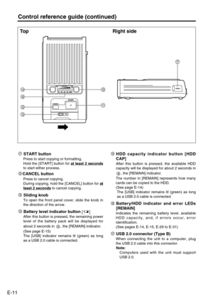 Page 12
E-11

Control reference guide (continued)
To p
START button
Press to start copying or formatting. 
Hold the [START] button for  at least 2 seconds
to start either process.
CANCEL button 
Press to cancel copying. 
During copying, hold the [CANCEL] button for  at
least 2 secondsto cancel copying. 
Sliding knob 
To open the front panel cover, slide the knob in
the direction of the arrow. 
Battery level indicator button
[]
After this button is pressed, the remaining power
level of the battery pack will be...