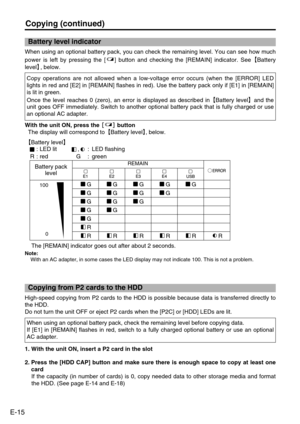 Page 16
E-15
Copying (continued)
When using an optional battery pack, you can check the remaining level. \
You can see how much
power is left by pressing the [ ] button and checking the [REMAIN] indicator. See²Battery
level ³, below.

Copy operations are not allowed when a low-voltage error occurs (when t\
he [ERROR] LED
lights in red and [E2] in [REMAIN] flashes in red). Use the battery pac\
k only if [E1] in [REMAIN]
is lit in green.
Once the level reaches 0 (zero), an error is displayed as described in\...