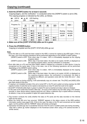 Page 17
E-16
ENGLISH
Copying (continued)
: LED lit,, : LED flashing
G: greenOR : orange

4. Make sure all the [COPY STATUS] LEDs are lit in green
5. Press the [POWER] buttonCopying is complete and the [COPY STATUS] LEDs go out.
Note:• Once the data on a P2 card has been copied to the HDD, it cannot be copi\
ed to the HDD again. If this is
the case, one of the following operations will be performed depending on\
 the [VERIFY] switch setting. [VERIFY] switch is OFF:  Even when step 3 is taken, 100% is immediately...