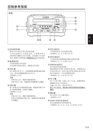 Page 39
C-6
中　
文
控制参考指南
 [POWER]键
使用本开关来打开和关闭本机电源。
当本机电源处于关闭状态时，只需简单按下
[POWER]键就可以打开电源。当电源处于开启状
态时， 请按住 [POWER] 键两秒钟以上 来关闭电源。
 电源指示灯
当本机电源打开时亮起。
在启动或关闭的过程中，电源指示灯闪烁。
 P2C 键
按下来格式化 P2卡。在将数据复制到硬盘驱动器
之后，您可以根据需要格式化 P2卡。
（参阅第 C-13页）
注意：
  在格式化之后，数据不能够被恢复。
  在格式化卡之前，请确保所有数据都可以删除。
 HDD 键
按下来格式化内置硬盘驱动器。硬盘驱动器上所
有不需要的数据一次都可以删除。
（参阅第 C-14页）
注意：
  在格式化之后，数据不能够被恢复。
   在格式化硬盘驱动器之前，请确保所有数据都
可以删除。
 P2C 指示灯
当本机存取 P2卡时亮起或闪烁。
（参阅第 C-12、C-13 和C-24 页）
 HDD 指示灯
当本机存取内置硬盘驱动器时亮起或闪烁。
（参阅第 C-12、C-14 和C-24 页）
 ERROR 指示灯
发生错误时亮起或闪烁。
通过前面的...