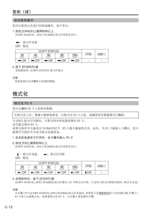 Page 46
C-13
复制（续）
取消复制操作
您可以取消正在进行的复制操作，如下所示。
1. 按住 [CANCEL] 键两秒钟以上
[COPY STATUS] 、[P2C] 和[HDD] 指示灯将变化如下。
   ：指示灯亮起
  OR ：橙色
COPY STATUS
 OR OR OR OR OR – –
2. 按下 [POWER] 键
复制被取消，  [COPY STATUS] 指示灯熄灭。
注意：
  取消复制会自动删除已复制的数据。
格式化
格式化 P2卡
您可以删除 P2卡上的所有数据。
在格式化之后，数据不能够被恢复。在格式化 P2卡之前，请确保所有数据都可以删除。
当 [P2C] 指示灯闪烁时，不要关闭本机电源或弹出 P2卡。
这可能会损坏 P2卡。
如果写保护开关被设定为 PROTECT，P2 卡就不能被格式化。此外，当 P2卡被插入卡槽后，您不
能调节写保护开关来为格式化做准备。
1.  在本机电源处于打开时，在卡槽中插入 P2卡
2.  按住 [P2C] 键两秒钟以上
[COPY STATUS] 、[P2C] 和[HDD] 指示灯将变化如下。
      ：指示灯亮起  ：指示灯闪烁...