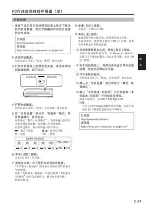 Page 57
C-24
中　
文
P2存储器管理程序屏幕（续）
升级步骤
1. 请按下述的技术支持网页的屏上指示下载本
机的软件数据，将文件数据保存到您所选择
的文件夹内。
日语版
http://panasonic.biz/sav/
英语版
https://eww.pavc.panasonic.co.jp/pro-av/
2.  关闭本机电源。
在状态显示区中， “状态：断开”显示出来。
3. 打开本机侧面上的滑动开关盖，将开关滑动
到前面板侧，如下所示。
4. 打开本机电源。
在状态显示区中， “状态：正在连接”显示出来。
5. 在“当前设置”部分中，请确保“模式：软
件升级模式”显示出来。
如果显示“模式：标准模式”  ，请重新确认滑动开
关滑动到前面板侧，如步骤 3中说明那样。
在更新过程中，指示灯的显示如下所示。
：指示灯亮起  ,：指示灯闪烁
G
 ：绿色    OR ：橙色
COPY STATUS
 G G G G GOROR
6.  单击 [浏览 ]按钮。
会显示 [打开 ]对话框。
7.  选择在步骤 1中下载的本机用软件数据。
“文件版本 /校验码”部分显示升级后软件的版本
与校验码。...