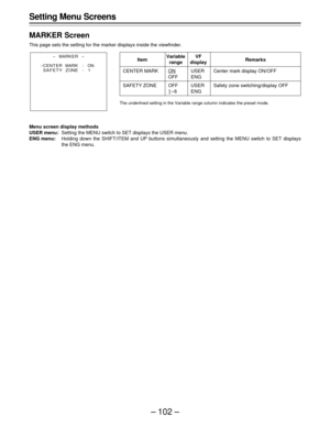 Page 102– 102 –
Setting Menu Screens
MARKER Screen
This page sets the setting for the marker displays inside the viewfinder.
Menu screen display methods
USER menu:Setting the MENU switch to SET displays the USER menu.
ENG menu:Holding down the SHIFT/ITEM and UP buttons simultaneously and setting the MENU switch to SET displays
the ENG menu.
The underlined setting in the Variable range column indicates the preset mode.
ItemVariable VF
Remarksrange display
CENTER MARK
ON USER Center mark display ON/OFF
OFF ENG...