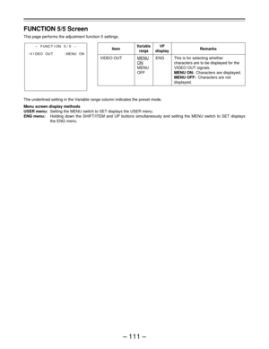 Page 111– 111 –
FUNCTION 5/5 Screen
This page performs the adjustment function 5 settings.
The underlined setting in the Variable range column indicates the preset mode.
Menu screen display methods
USER menu:Setting the MENU switch to SET displays the USER menu.
ENG menu:Holding down the SHIFT/ITEM and UP buttons simultaneously and setting the MENU switch to SET displays
the ENG menu.
Variable
range
MENU
ON
MENU
OFF
VF
display
ENGRemarks
This is for selecting whether
characters are to be displayed for the
VIDEO...