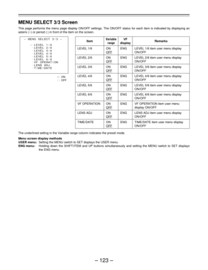 Page 123– 123 –
MENU SELECT 3/3 Screen
This page performs the menu page display ON/OFF settings. The ON/OFF status for each item is indicated by displaying an
asterix (E) or period (.
) in front of the item on the screen.
Item
LEVEL 1/6
LEVEL 2/6
LEVEL 3/6
LEVEL 4/6
LEVEL 5/6
LEVEL 6/6
VF OPERATION
LENS ADJ
TIME/DATE
Variable
rangeRemarksVF
display
ON
OFF
ON
OFF
ON
OFF
ON
OFF
ON
OFF
ON
OFF
ON
OFF
ON
OFF
ON
OFFLEVEL 1/6 item user menu display
ON/OFF
LEVEL 2/6 item user menu display
ON/OFF
LEVEL 3/6 item user menu...