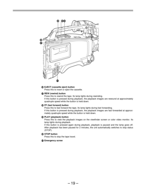 Page 19–19–
¼EJECT (cassette eject) button
Press this to insert or eject the cassette.
½REW (rewind) button
Press this to rewind the tape. Its lamp lights during rewinding.
If this button is pressed during playback, the playback images are rewound at approximately
quadruple speed while the button is held down.
¾FF (fast forward) button
Press this to fast forward the tape. Its lamp lights during fast forwarding.
If this button is pressed during playback, the playback images are fast forwarded at approxi-
mately...