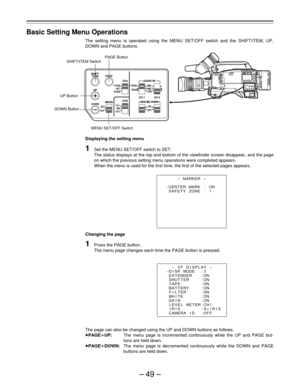 Page 49–49–
SHIFT/
ITEMPAGE
UP
DOWNMENUCH 1 CH 2 TCGSET
OFF
F-RUN
SET
R-RUNMIC MIC
AUDIO IN 
LINE
ON
OFF
FRONT
REAR
CUECH 1
MIX
CH 2REAR MIC POWER REAR MIC POWER
Basic Setting Menu Operations
The setting menu is operated using the MENU SET/OFF switch and the SHIFT/ITEM, UP,
DOWN and PAGE buttons.
Displaying the setting menu
1Set the MENU SET/OFF switch to SET.
The status displays at the top and bottom of the viewfinder screen disappear, and the page
on which the previous setting menu operations were completed...