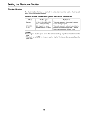 Page 71–71–
Setting the Electronic Shutter
Shutter Modes
The shutter modes which can be used with the unit’s electronic shutter and the shutter speeds
which can be selected are as follows.
Shutter modes and shutter speeds which can be selected
|Notes{
ÁIncreasing the shutter speed lowers the camera sensitivity regardless of electronic shutter
mode.
ÁIf the iris is set to AUTO, the iris opens and the depth of the focuses decreases as the shutter
speed rises.
Mode
Standard
SYNCHRO
SCAN
Shutter speed
1/100, 1/120,...