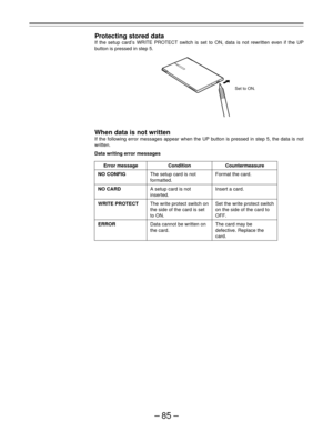 Page 85–85–
Protecting stored data
If the setup card’s WRITE PROTECT switch is set to ON, data is not rewritten even if the UP
button is pressed in step 5.
When data is not written
If the following error messages appear when the UP button is pressed in step 5, the data is not
written.
Data writing error messages
Set to ON.
Format the card.
Insert a card.
Set the write protect switch
on the side of the card to
OFF.
The card may be
defective. Replace the
card.
Error message
NO CONFIG
NO CARD
WRITE PROTECT
ERROR...