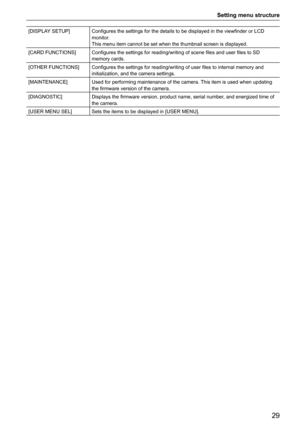 Page 29Setting menu structure
29
[DISPLAY SETUP]Configures the settings for the details to be displayed in the viewfinder or LCD 
monitor.
This menu item cannot be set when the thumbnail screen is displayed.
[CARD FUNCTIONS] Configures the settings for reading/writing of scene files and user files to SD 
memory cards.
[OTHER FUNCTIONS] Configures the settings for reading/writing of user files to internal memory and 
initialization, and the camera settings.
[MAINTENANCE] Used for performing maintenance of the...