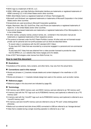 Page 88
 
 
f SDXC logo is a trademark of SD-3C, LLC.
 
f HDMI, HDMI logo, and High-Definition Multimedia Interface are trademarks or registered trademarks of 
HDMI Licensing LLC in the United States and/or other countries.
 
f MMC (Multi Media Card) is a registered trademark of Infineon Technologies AG.
 
f Microsoft
® and Windows® are registered trademarks or trademarks of Microsoft Corporation in the\
 United 
States and/or other countries.
 
f Screenshots are used according to Microsoft Corporation...