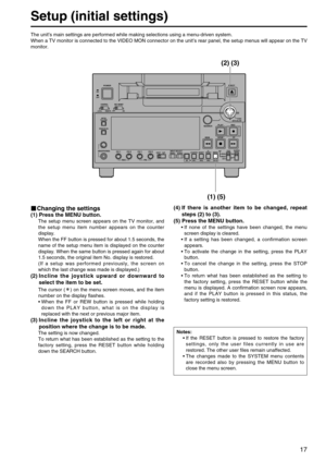 Page 1717
Setup (initial settings)
The unit’s main settings are performed while making selections using a menu-driven system.
When a TV monitor is connected to the VIDEO MON connector on the unit’s rear panel, the setup menus will appear on the TV
monitor.
Digital Video Cassette Recorder AJ-
SUPERONOFF
TCGREGENPRESETEXT INT
COUNTER
PF PF1PF2PF3 DIAG
MENU
PUSH
SHTL/SLOW
TC 
PRESET
METER
FULL/FINE
MONITOR SEL
RESETUNITY VARINPUT SELECT
VIDEO AUDIOHEADPHONES
SEARCHEJECT
POWER
REC INHIBIT CONTROL
ON ON
OFF...