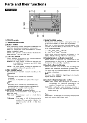 Page 88
Parts and their functions
Front panel
Digital Video Cassette Recorder AJ-
SUPERONOFFTCGREGENPRESETEXT INTCOUNTER
PF PF1PF2PF3DIAG
MENU
PUSH
SHTL/SLOW
TC 
PRESET
METER
FULL/FINE
MONITOR SEL
RESETUNITY VARINPUT SELECT
VIDEO AUDIOCH 1 CH 2 CH 1 CH 2
REC PBHEADPHONES
SEARCHEJECT
POWER
REC INHIBIT CONTROLON ON
OFF OFFLOCALREMOTE
REC PLAY
FF REW STOP
POWER switch
Cassette insertion slot
EJECT button
When this button is pressed, the tape is unloaded and the
cassette is ejected automatically a few seconds...