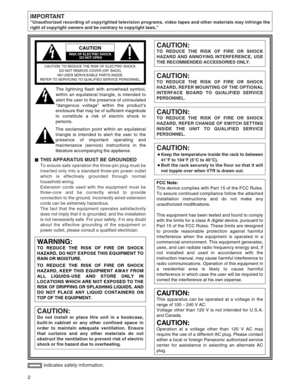 Page 22
IMPORTANT
“Unauthorized recording of copyrighted television programs, video tapes and other materials may infringe the
right of copyright owners and be contrary to copyright laws.”
indicates safety information.
$THIS APPARATUS MUST BE GROUNDED
To ensure safe operation the three-pin plug must be
inserted only into a standard three-pin power outlet
which is effectively grounded through normal
household wiring.
Extension cords used with the equipment must be
three-core and be correctly wired to provide...