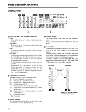 Page 1212
8EDIT, EDIT REC, REC and REC INH lamps
EDIT:
This lights when an editing mode has been
selected.
EDIT REC:
This lights when the edit recording mode has
been established.
REC:
This lights when the recording mode has been
established.
REC INH:
This lights in the recording inhibit status (when
the REC INH switch at the bottom front panel is
set to ON or the cassette is in the accidental
erasure prevention status).
In this status, recording and editing are not
possible.
Whether the REC INH lamp is to...