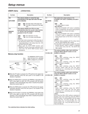 Page 3737
Setup menus
The underlined items indicates the initial setting.
USER menu
No./Item Description
111
FRZ MODE
SELThis selects the output picture in the
STANDBY OFF (HALF LOADING) and EJECT
modes.
0000DIS:
The video output is muted.
0001 STB OFF:
When the STANDBY OFF (HALF LOADING)
mode is established, the picture being played
back at the time is frozen and output.
0002 SOF&EJ:
When the STANDBY OFF (HALF LOADING)
or EJECT mode is established, the picture
being played back at the time is frozen and...