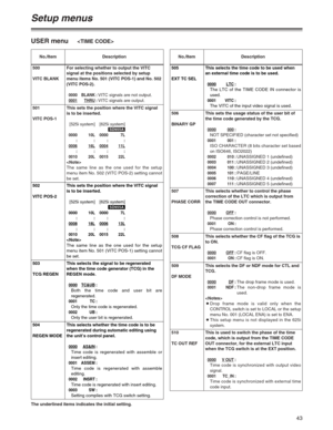 Page 4343
Setup menus
The underlined items indicates the initial setting.
USER menu
No./Item Description
506
BINARY GPThis sets the usage status of the user bit of
the time code generated by the TCG.
0000000:
NOT SPECIFIED (character set not specified)
0001 001:
ISO CHARACTER (8 bits character set based
on ISO646, ISO2022)
0002 010:UNASSIGNED 1 (undefined)0003 011:UNASSIGNED 2 (undefined)0004 100:UNASSIGNED 3 (undefined)0005 101:PAGE/LINE0006 110:UNASSIGNED 4 (undefined)0007 111:UNASSIGNED 5 (undefined)
507...