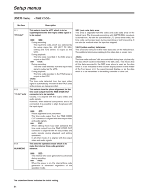 Page 4444
511
VITC OUTThis selects how the VITC which is to be
superimposed onto the output video signal is
to be output.
0000SBC:
During recording:
The input time code, which was selected by
the setup menu No. 505 (EXT TC SEL)
setting and TCG switch, is output as the
VITC.
During playback:
The time code recorded in the SBC area is
output as the VITC.
0001 VAUX:
During recording:
The time code detected from the input video
signal is output as the VITC.
During playback:
The time code recorded in the VAUX area...