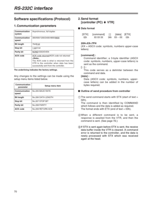 Page 7070
Software specifications (Protocol)
1. Communication parameters
RS-232C interface
Communication
systemAsynchronous, full duplex
Communication
speed300/600/1200/2400/4800/9600
Bit length7bit/8 bit
Stop bit1 bit/2 bit
Parity bitNONE/ODD/EVEN
ACK codeACK code returned/ACK code not returned

The ACK code is what is returned from the
VTR to the controller when data has been
successfully sent from the controller.
The underlining indicates the factory settings.
Communication
parameterSetup menu item...