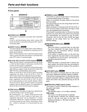 Page 88
Front panel
EASSEM button 
This button is pressed to proceed with assemble
editing.
It has a self-illuminating lamp which comes ON
when the button is pressed and goes OFF when it
is pressed again.
FINSERT buttons 
The input signals to be edited when insert editing is
to be conducted are selected by pressing one of
these seven buttons.
Each of these buttons has a self-illuminating lamp
which comes ON when the button is pressed and
goes OFF when it is pressed again.
G
IN (A IN), SET and OUT (A OUT)...