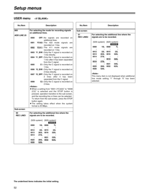 Page 5252
Setup menus
The underlined items indicates the initial setting.
USER menu
No./Item Description
800
ADD LINE 25
00
REC LINE1 Sub-screenFor selecting the mode for recording signals
on additional lines.
0000 OFF:No signals are recorded on
additional lines.
0001 YC422:The 422 mode signals are
recorded on 1 line.
0002YC411:The 411 mode signals are
recorded on 1 line.
0003 Y1_B/W:Only the Y signal is recorded on
1 line directly.
0004 Y1_BPF:Only the Y signal is recorded on
1 line after it has been...