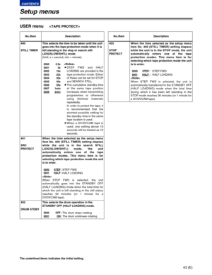 Page 4343 (E)
CONTENTS
Setup menus
The underlined items indicates the initial setting.
USER menu
No./Item Description
400
STILL TIMERThis selects the time to be taken until the unit
goes into the tape protection mode when it is
left standing in the stop or search still
(JOG/SLOW/SHTL) mode. 
(Unit: s = second, min = minute)
0000 0.5s
0001 5s
0002 10s
0003 20s
0004 30s
0005 40s
0006 50s
0007 1min
0008
2min
401
SRC
PROTECTWhen the time selected as the setup menu
item No. 400 (STILL TIMER) setting elapses
while...