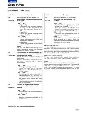 Page 4545 (E)
CONTENTS
511
VITC OUTThis selects how the VITC which is to be
superimposed onto the output video signal is
to be output.
0000SBC:
During recording:
The input time code, which was selected by
the setup menu No. 505 (EXT TC SEL)
setting and TCG switch, is output as the
VITC.
During playback:
The time code recorded in the SBC area is
output as the VITC.
0001 VAUX:
During recording:
The time code detected from the input video
signal is output as the VITC.
During playback:
The time code recorded in the...