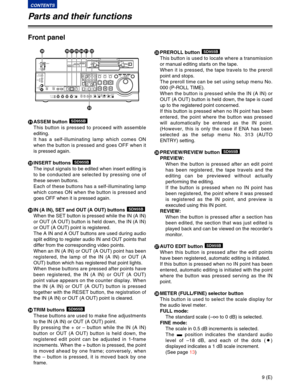 Page 99 (E)
CONTENTS
Front panel
EASSEM button 
This button is pressed to proceed with assemble
editing.
It has a self-illuminating lamp which comes ON
when the button is pressed and goes OFF when it
is pressed again.
FINSERT buttons 
The input signals to be edited when insert editing is
to be conducted are selected by pressing one of
these seven buttons.
Each of these buttons has a self-illuminating lamp
which comes ON when the button is pressed and
goes OFF when it is pressed again.
G
IN (A IN), SET and OUT...