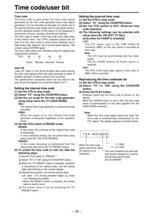 Page 35– 35–
Time code/user bit
Time code
The time code is used when the time code signal
generated by the time code generator (time code signal
generator) is to be recorded on the tape, its values are to
be read by the time code reader (time code signal reader),
and the absolute position of the tape is to be displayed in
increments of hours, minutes, seconds and frames.
The time code is written in the sub-code area (data area)
of the helical track. The VTR’s playback speed can be
read from the stop mode to...