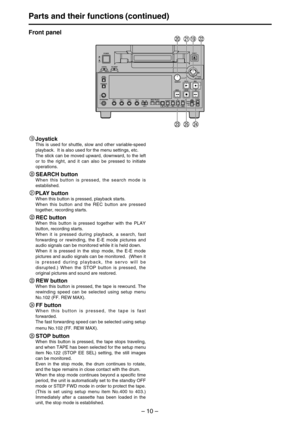 Page 10– 10–
Parts and their functions (continued)
Digital Video Cassette Recorder AJ-
SUPERONOFFTCGREGENPRESETEXT INTCOUNTER
PF PF1PF2PF3DIAG
MENU
PUSH
SHTL/SLOW
TC 
PRESET
METER
FULL/FINE
MONITOR SEL
RESETREC PB
UNITY
INPUT SELECT
VIDEO AUDIOCH 1 CH 2 CH 3 CH 4HEADPHONES
SEARCHEJECT
POWER
REC INHIBIT CONTROLON ON
OFF OFFLOCALREMOTE
REC PLAY
FF REW STOP
Front panel
Joystick
This is used for shuttle, slow and other variable-speed
playback.  It is also used for the menu settings, etc.
The stick can be moved...