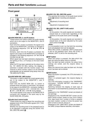 Page 1313
Front panel
UAUDIO MON SEL (L and R) buttons
These buttons are used to select the audio signals
which are to be output to the MONITOR L and R
connectors.
Each time the L button is pressed, the signal to be
output to the MONITOR L connector is changed in
the following sequence: CH1 5 CH2 5CH3  5
CH4 5 CUE.
Similarly, each time the R button is pressed, the
signal to be output to the MONITOR R connector is
changed in the following sequence: CH1 5 CH2 5
CH3 5 CH4 5CUE.
Which signal has now been selected...