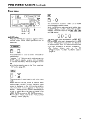 Page 15cSHIFT button
When the SHIFT button is pressed together with the
buttons shown below, other operations can be
performed.
This combination is used to set the time code or
user bit value.
Press the PLAYER button while holding down the
SHIFT button to stop the advance of the time code
or user bit, and change the value using the search
dial.
O For further details, refer to the “Time code/user
bit” section (page 62).
TC PRESET
+
SHIFTPLAYER
TC PRESET
This combination is used to set the unit to the menu
mode....