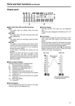 Page 1717
:EDIT, EDIT REC, REC and REC INH lamps
EDIT: This lights when an editing mode has been
selected.
EDIT REC: This lights when the edit recording mode has
been established.
REC: This lights when the recording mode has been
established.
REC INH: This lights in the recording inhibit status (when
the REC INH switch at the bottom front panel is
set to ON or the cassette is in the accidental
erasure prevention status).
In this status, recording and editing are not
possible.
Whether the REC INH lamp is to...