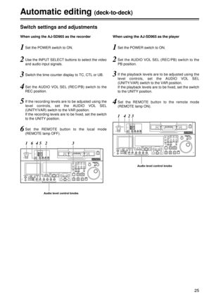 Page 2525
Automatic editing (deck-to-deck)
1Set the POWER switch to ON.
2Use the INPUT SELECT buttons to select the video
and audio input signals.
3Switch the time counter display to TC, CTL or UB.
5If the recording levels are to be adjusted using the
level controls, set the AUDIO VOL SEL
(UNITY/VAR) switch to the VAR position.
If the recording levels are to be fixed, set the switch
to the UNITY position.
6Set the REMOTE button to the local mode
(REMOTE lamp OFF).
Switch settings and adjustments
When using the...