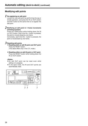 Page 2828
Automatic editing (deck-to-deck)(continued)
1Re-registering an edit point
Locate the new edit point by performing the jog or
shuttle operation, and press the IN (or OUT) button
and SET button at the same time to re-register the
edit point.
2Modifying an edit point in 1-frame increments
(trimming function)
Press the TRIM button while holding down the IN
(or OUT) button. Each time the + button is pressed,
the point is moved ahead by one frame.
Conversely, each time the – button is pressed, the
point is...