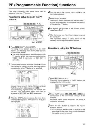 Page 3333
PF (Programmable Function) functions
1Press  (SHIFT + RECORDER).
The setup menu screen appears on the LCD
monitor, and the setup menu item number appears
on the counter display.
OThe setup menu screen is also displayed on the
TV monitor which has been connected to the
VIDEO OUT 3 connector or SDI OUT 3
connector.MENU
4Turn the search dial to move the cursor (2 ) to the
item to be registered.
5Press the STOP button.
The display screen returns to the status in step 
2,
and the registered item is...